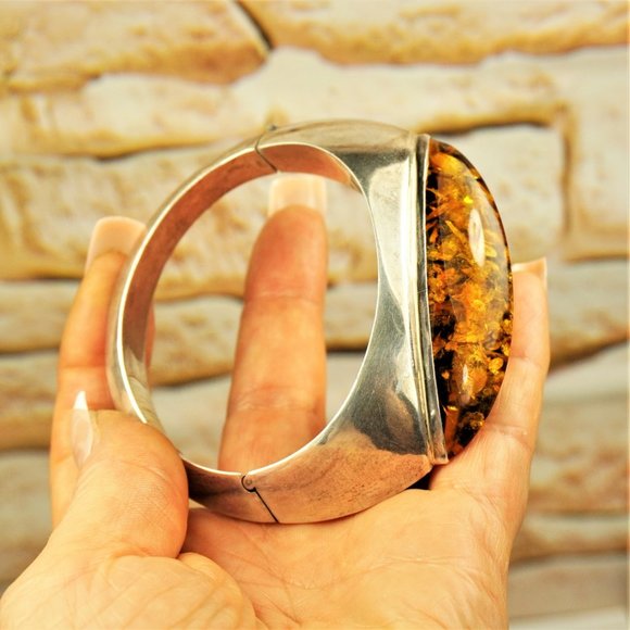 HUGE AMBER 925 SILVER BANGLE BRACELET, RARE TO FIND JEWELRY - Picture 11 of 11